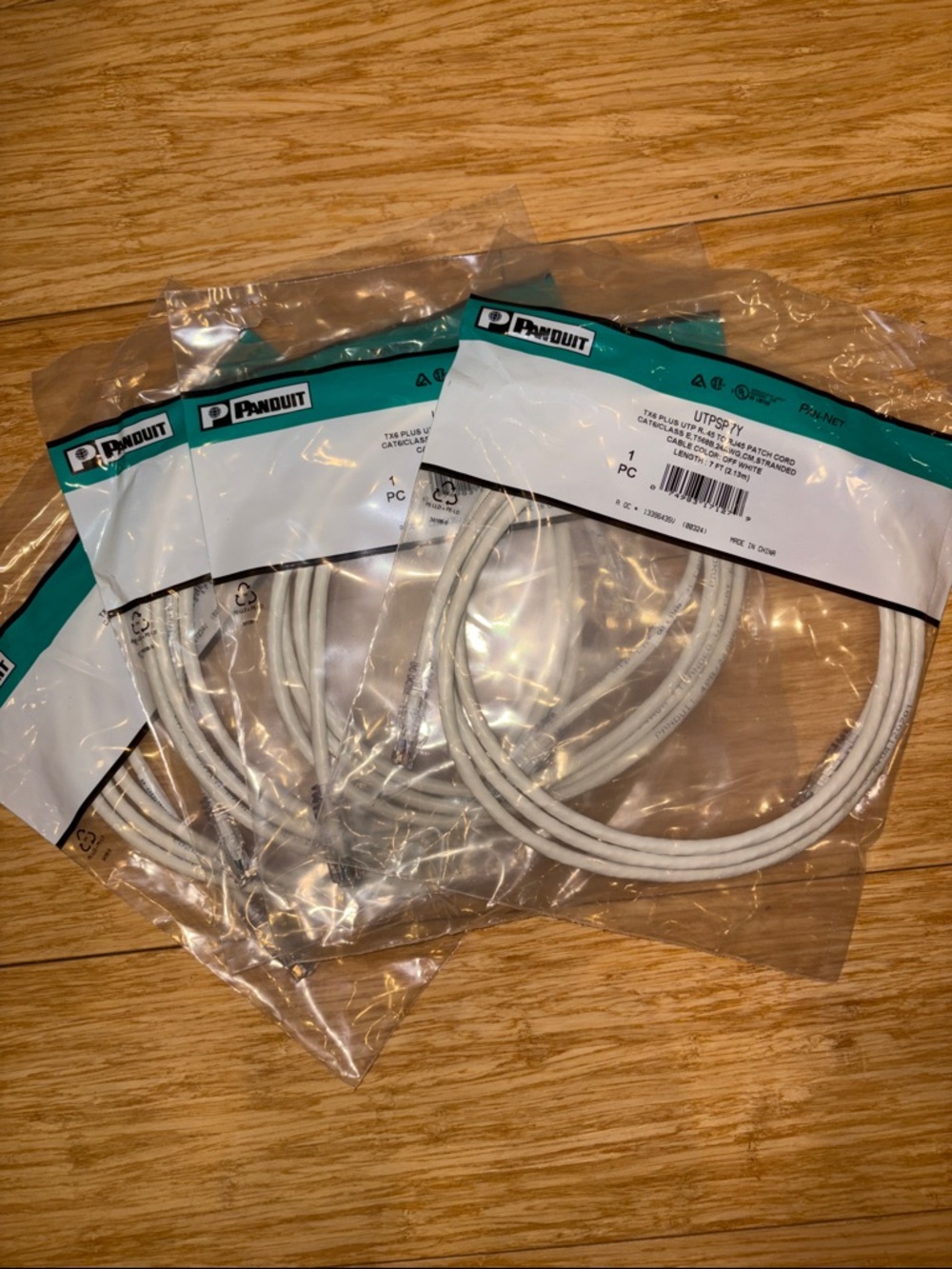 New 7’ Panduit Cat6 UTPSP7Y RJ45 Patch Cords w/ TX6 PLUS modular plugs, Lot of 4